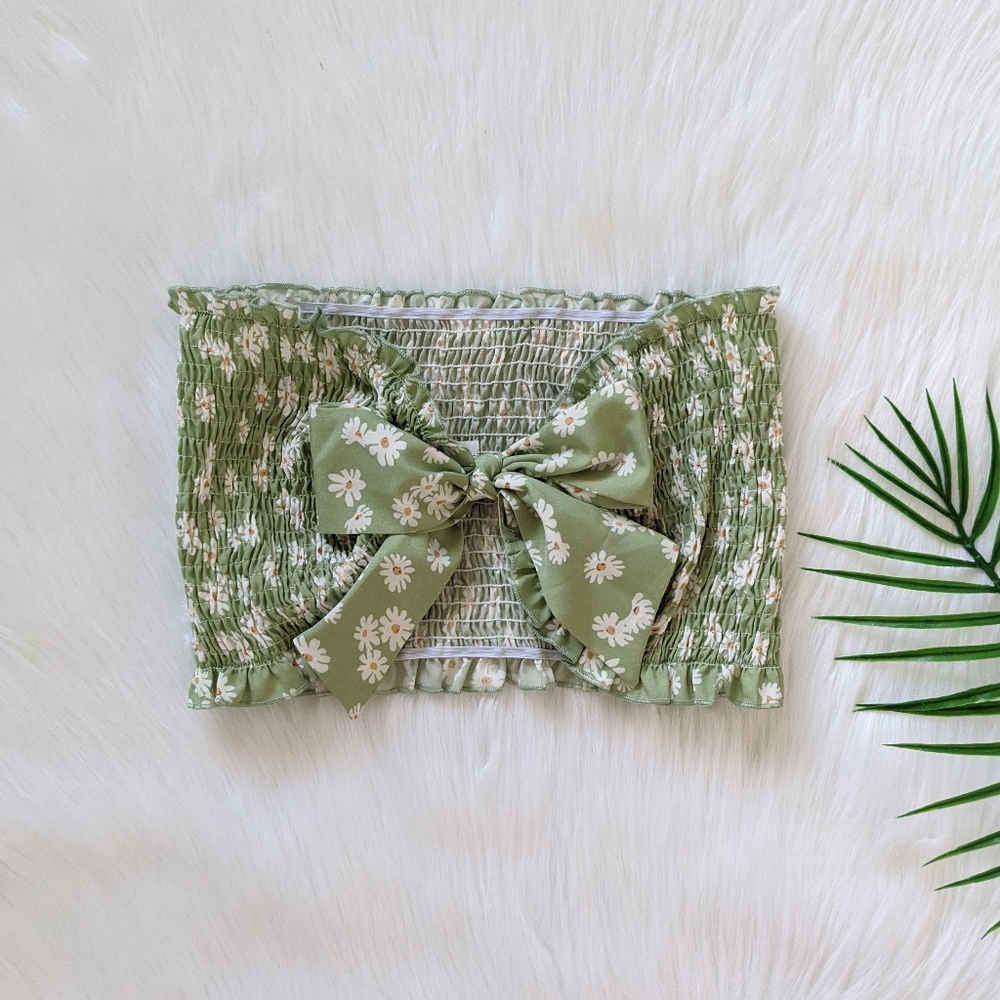 Green and white ditsy floral tie front tube top